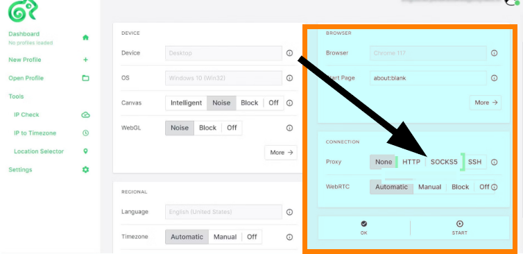 Selecting the proxy type in Kameleo